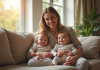 Mère souriante avec ses jumeaux dans le salon lumineux