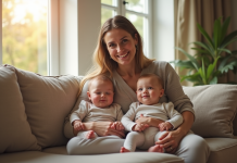 Mère souriante avec ses jumeaux dans le salon lumineux