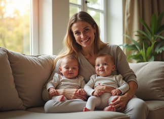 Mère de jumeaux : quel est son nom exact ? Mère souriante avec ses jumeaux dans le salon lumineux