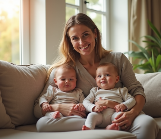 Mère souriante avec ses jumeaux dans le salon lumineux