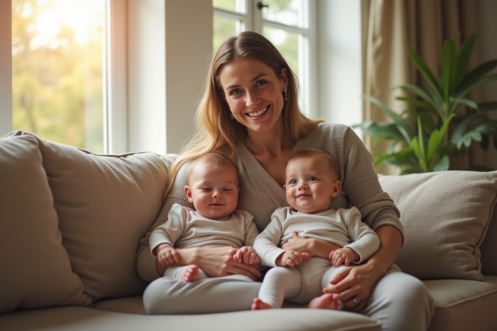 Mère souriante avec ses jumeaux dans le salon lumineux