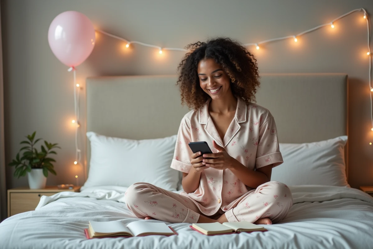 Jeune femme envoyant un message d'anniversaire tardif depuis sa chambre avec un sourire complice