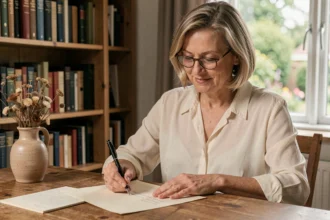 Femme écrivant un message de remerciement manuscrit sur du papier crème dans un bureau chaleureux