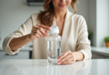 Mère mesurant 150 ml d'eau dans un biberon lumineux