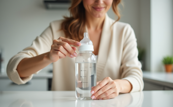 Bien doser les préparations de bébé : convertir 150 ml en grammes facilement Mère mesurant 150 ml d'eau dans un biberon lumineux