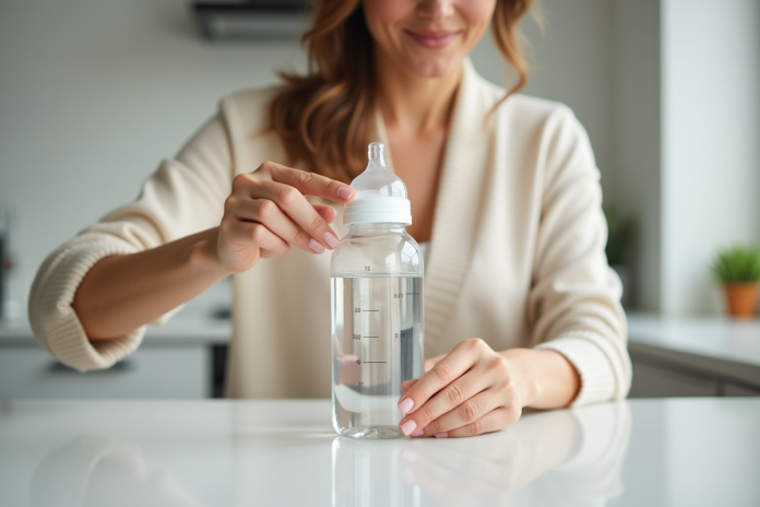 Mère mesurant 150 ml d'eau dans un biberon lumineux