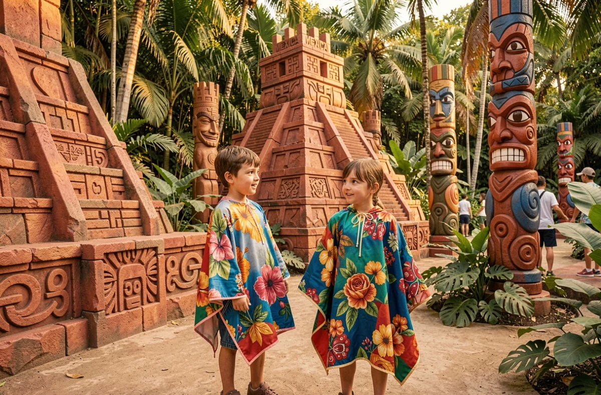 Enfants explorant les décors aztèques de Mexica Parc dans le Gard