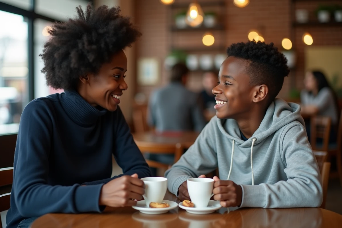 Une mère et son fils adolescent partageant un moment complice dans un café parisien, évoquant la relation entre Mia Frye et son fils Chaka