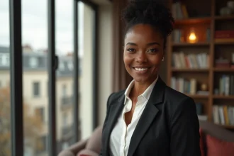 Mia Frye, femme élégante et confiante, posant dans un appartement parisien moderne pour un portrait éditorial