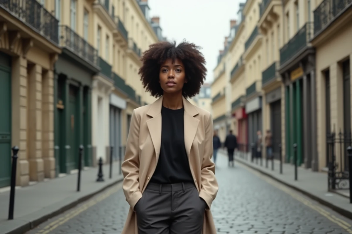 Femme marchant avec discrétion dans une rue parisienne haussmannienne, illustrant la vie discrète de Mia Frye