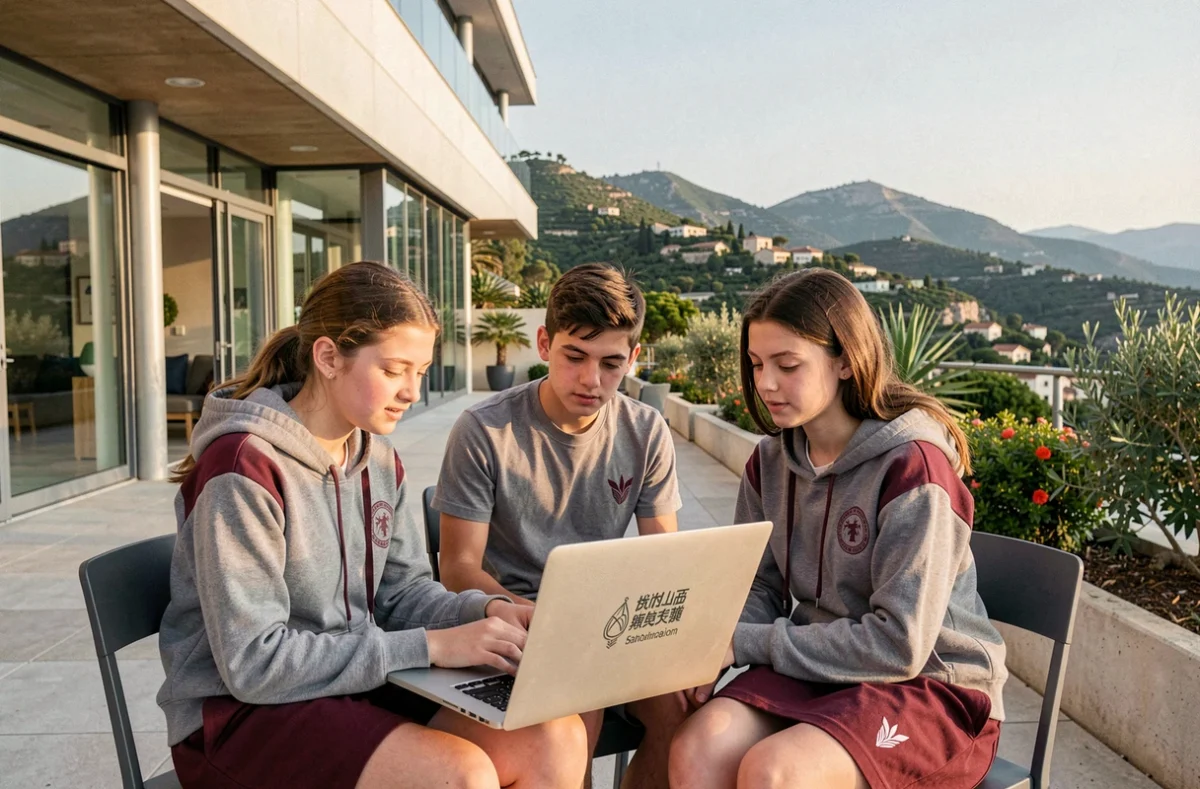 Lycéens travaillant en groupe sur la terrasse de la Mougins School avec vue sur les collines