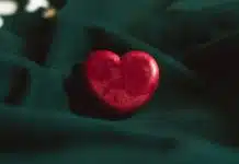 red heart ornament on green textile