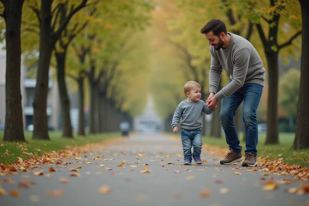 Pere soutenant son bebe dans un parc urbain