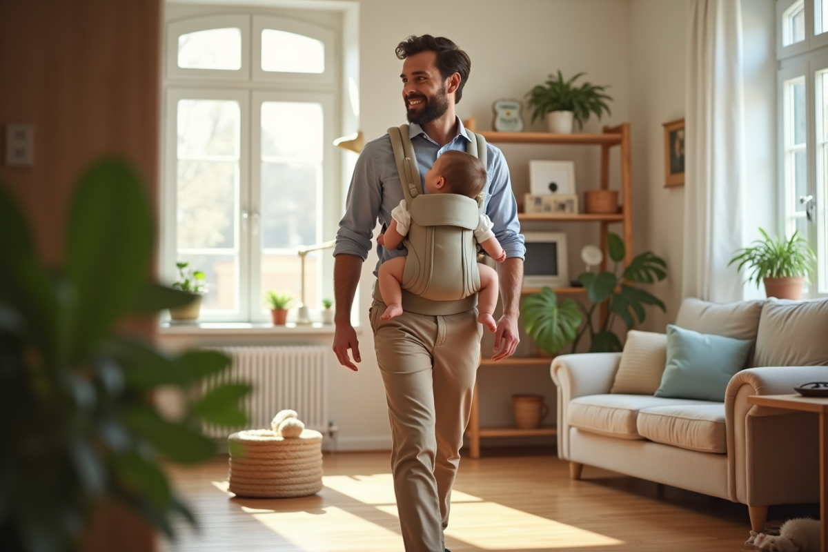 Père souriant avec bébé dans le salon cosy