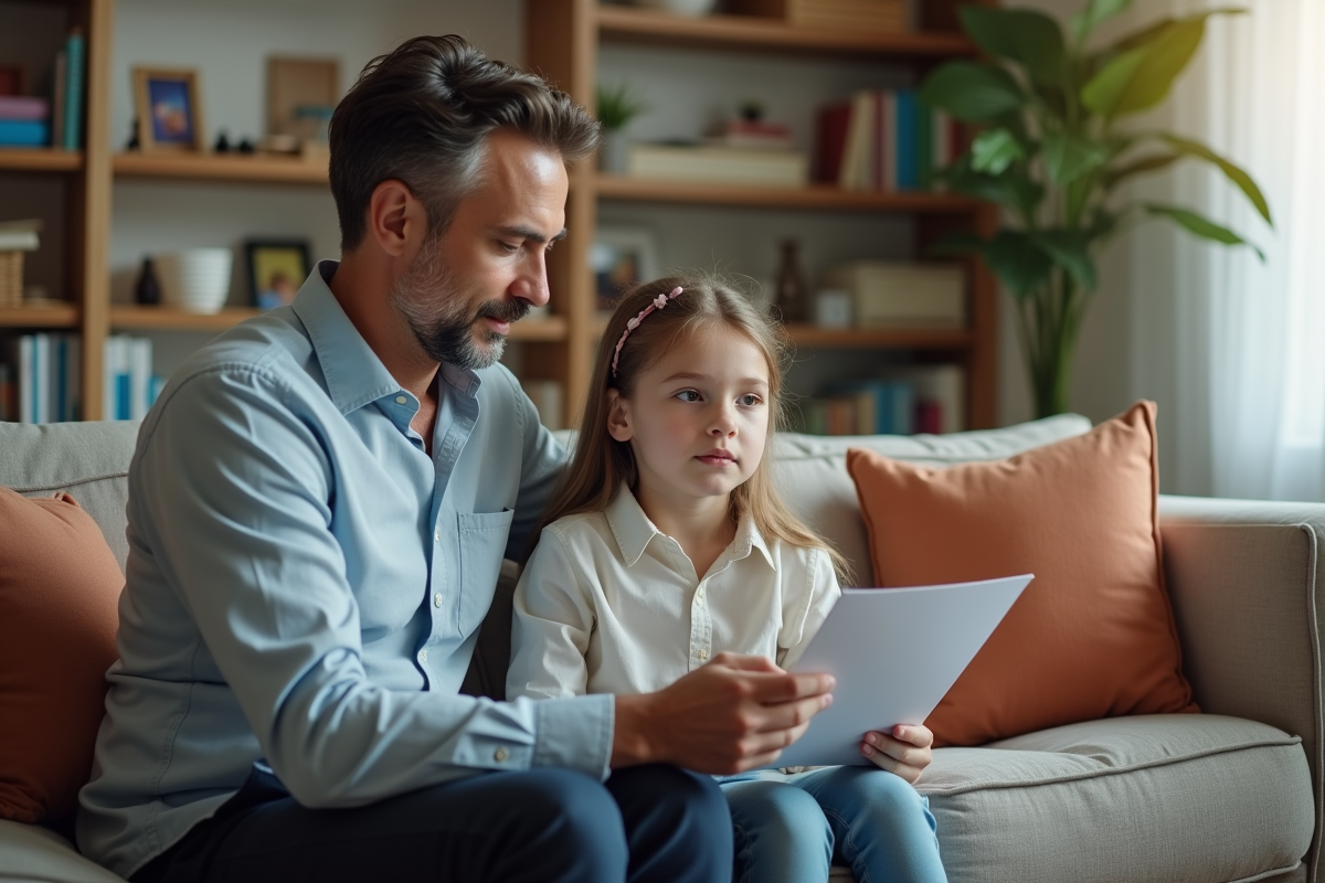 Père et fille discutant dans le salon cosy