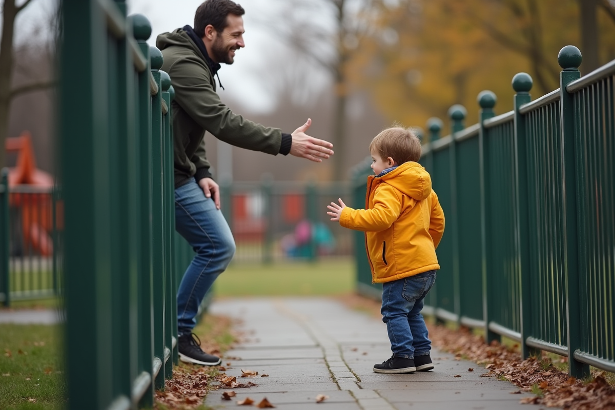 Père souriant faisant signe à son enfant au parc