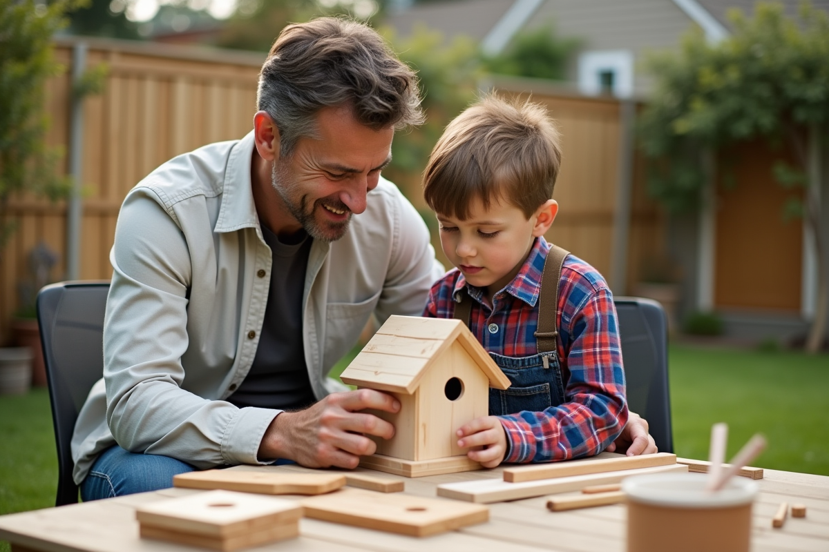 Père et fils construisent une cabane à oiseaux dans le jardin