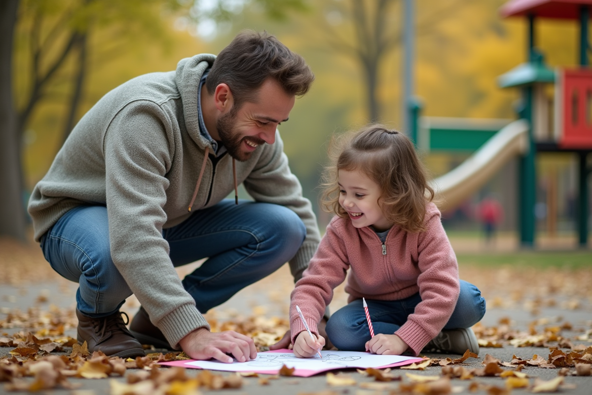 Pere et fille partageant un dessin dans un parc