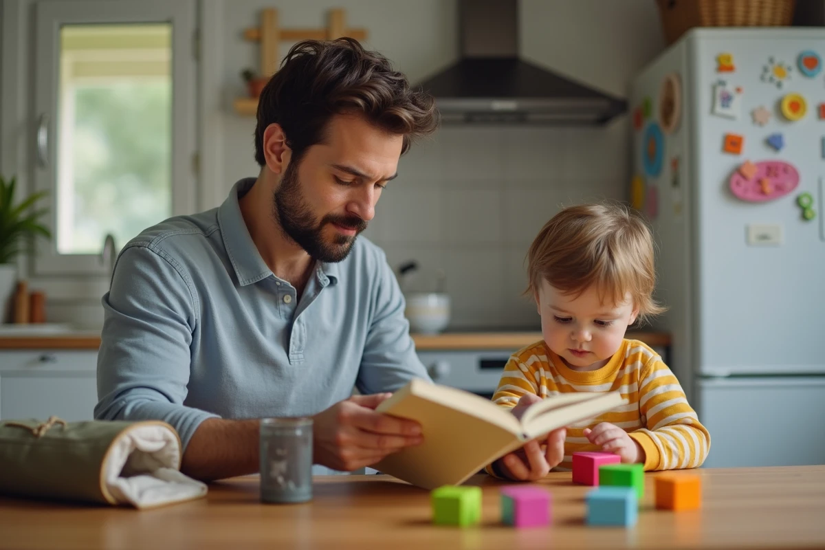 Papa lisant avec son enfant dans la cuisine familiale