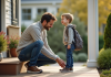 Père aidant son fils à lacer ses chaussures devant la maison