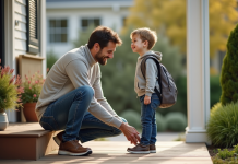 Père aidant son fils à lacer ses chaussures devant la maison