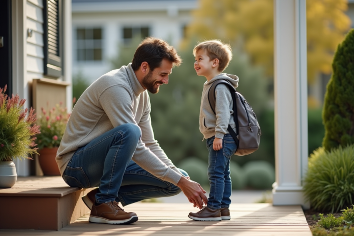 papa-et-enfant-pret-pour-ecole Père aidant son fils à lacer ses chaussures devant la maison