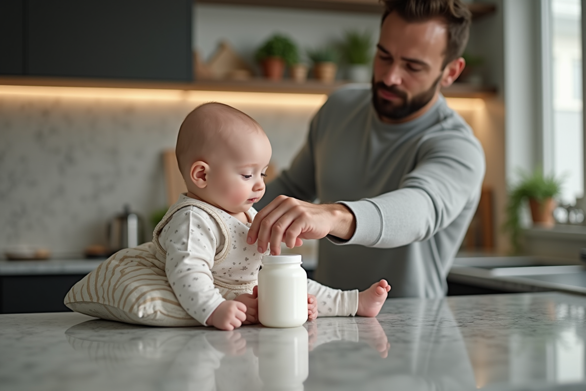 Pere préparant le biberon de son bébé dans une cuisine moderne