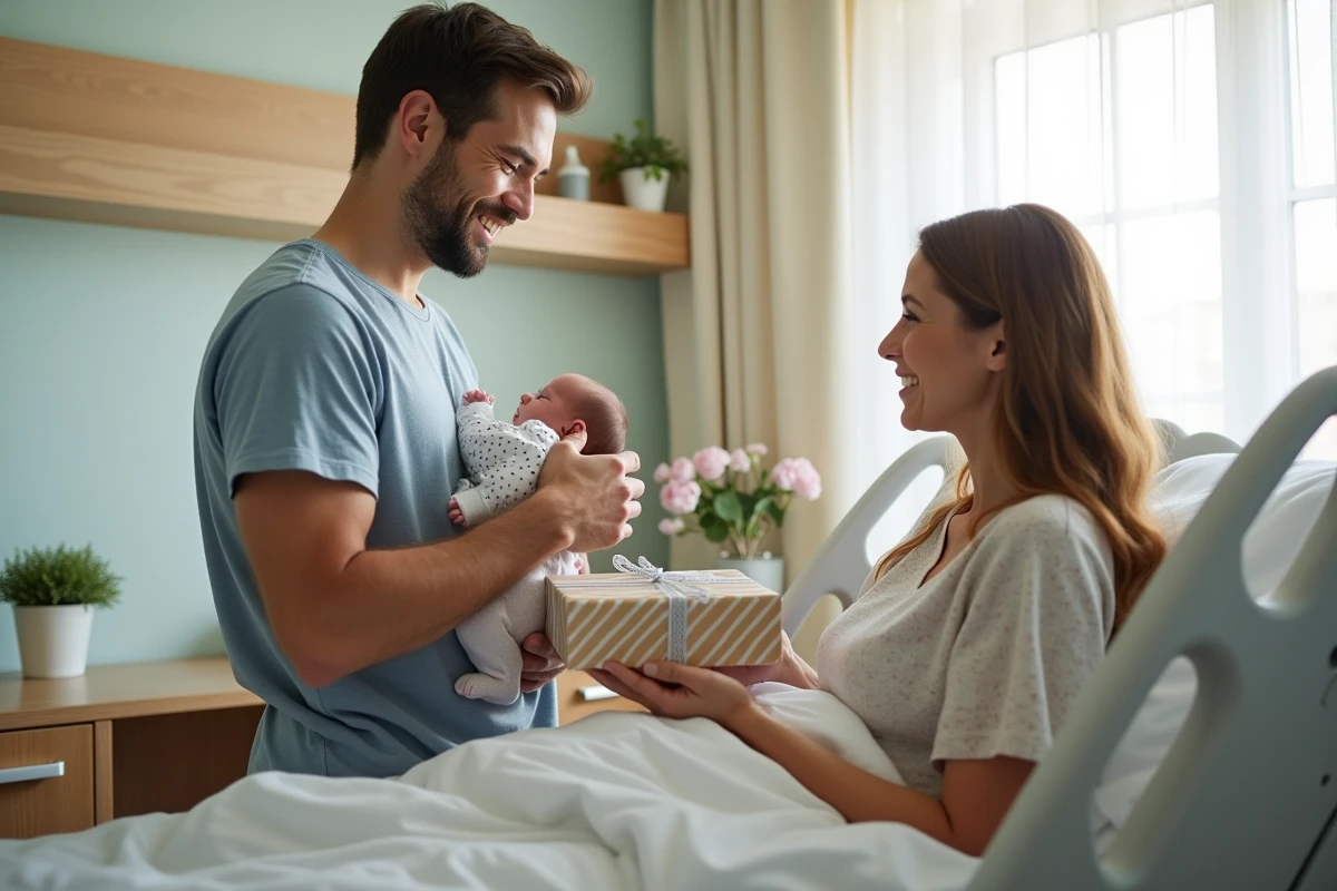 Pere tenant un bebe et offrant un cadeau a sa partenaire dans une chambre lumineuse