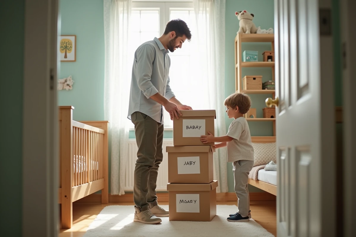 Papa trie des vêtements de bébé dans la chambre