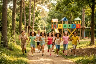 Enfants courant dans un parc de loisirs en plein air dans le Gard