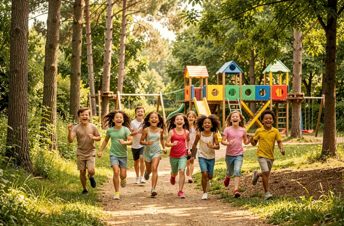 Enfants courant dans un parc de loisirs en plein air dans le Gard