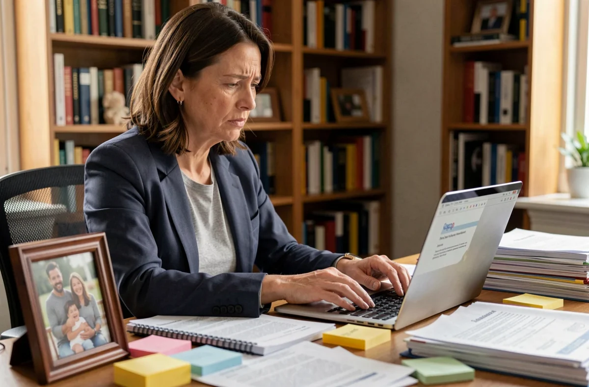 Mère active rédigeant un mot d'absence rapide par email depuis son bureau à domicile entouré de documents scolaires