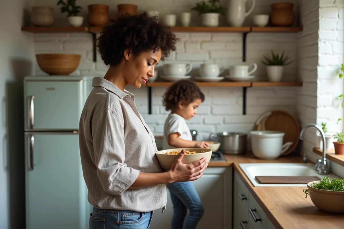 Parent solo et enfant cuisinant ensemble dans une cuisine familiale simple et authentique