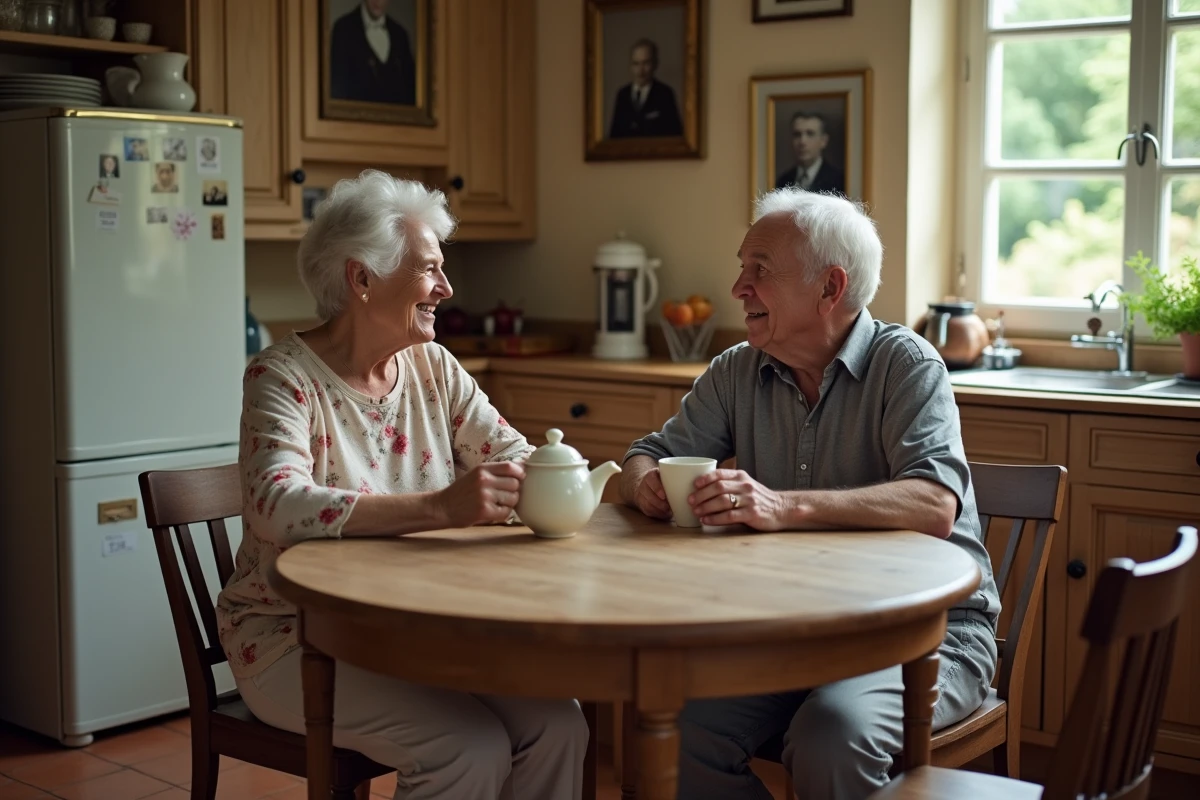 Couple de parents âgés assis dans une cuisine traditionnelle française entourés de portraits de famille, illustrant la transmission des origines et de l'histoire familiale