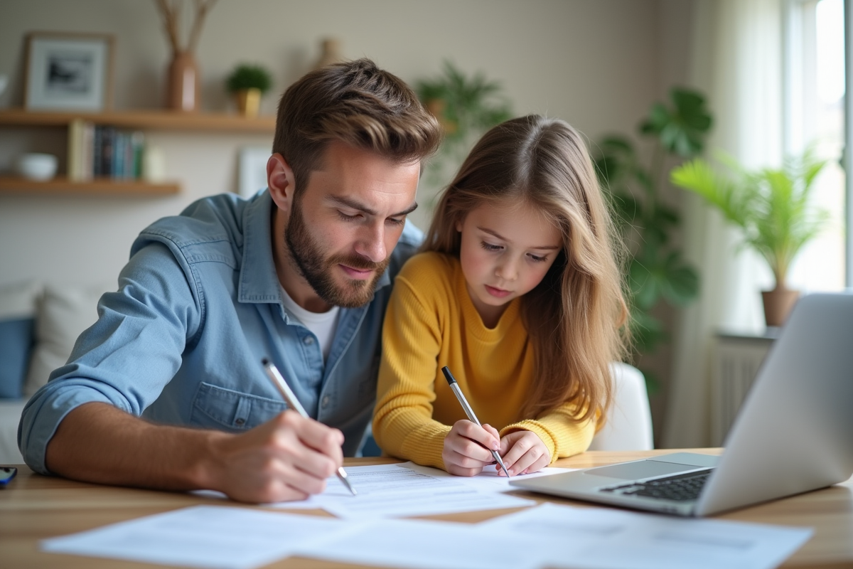 Jeunes parents remplissant formulaires de vacances à la maison