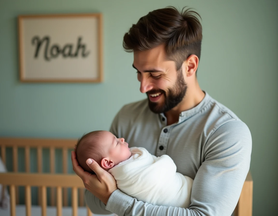 Père tenant un nouveau-né dans une chambre de bébé avec un panneau prénom Noah accroché au mur