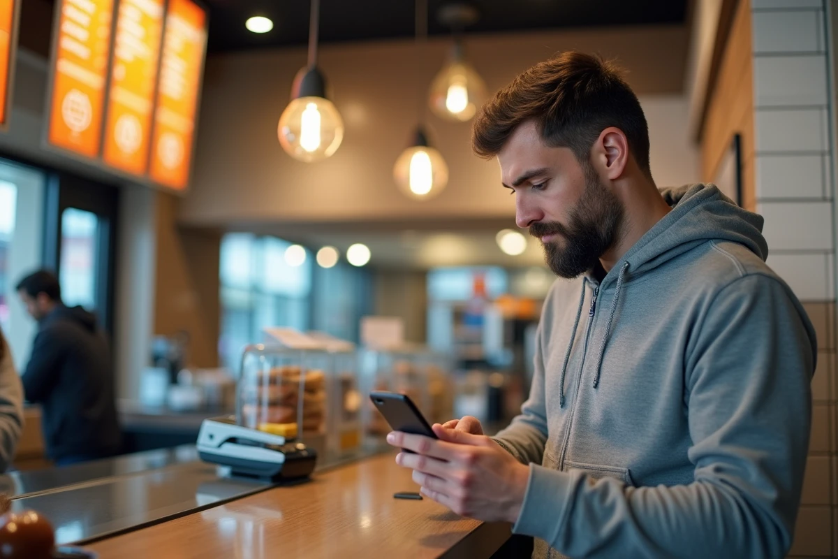 Père de famille consultant les prix au menu d'un fast-food en tenant son smartphone avec une application de budget