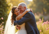 Père heureux en costume embrassant sa fille en robe de mariage