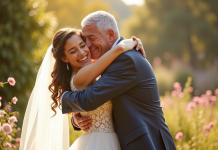 Père heureux en costume embrassant sa fille en robe de mariage
