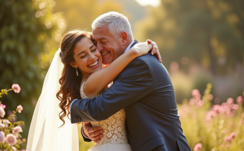 Père heureux en costume embrassant sa fille en robe de mariage
