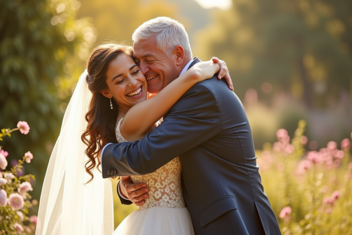 Père heureux en costume embrassant sa fille en robe de mariage