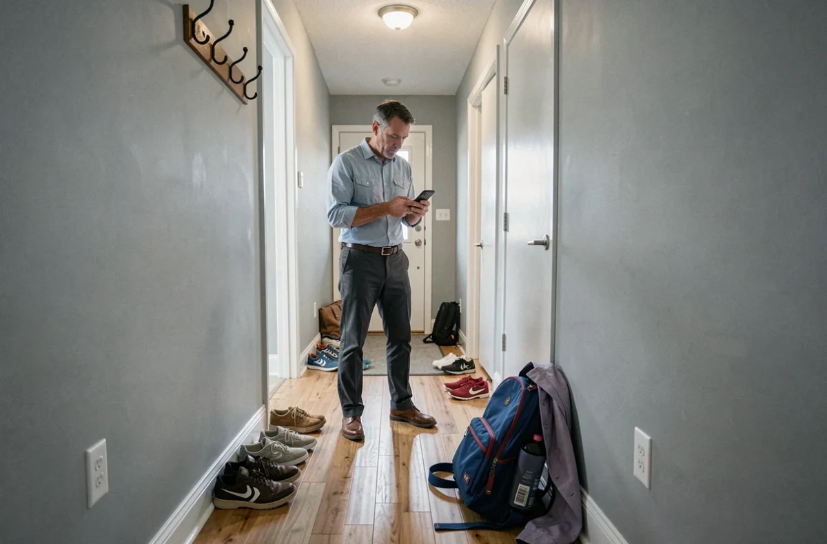 Père pressé envoyant un message d'absence scolaire sur smartphone dans l'entrée de la maison le matin