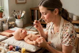 Artisane peignant les détails du visage d'une poupée bébé reborn sur un établi de personnalisation
