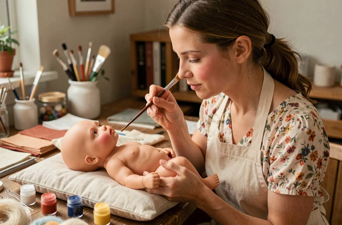 Artisane peignant les détails du visage d'une poupée bébé reborn sur un établi de personnalisation