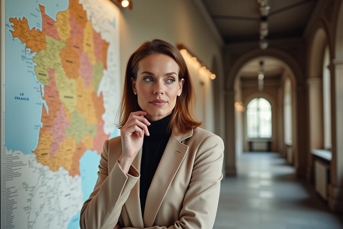 Personnalité médiatique féminine debout devant une carte de France dans un institut de journalisme culturel, expression contemplative