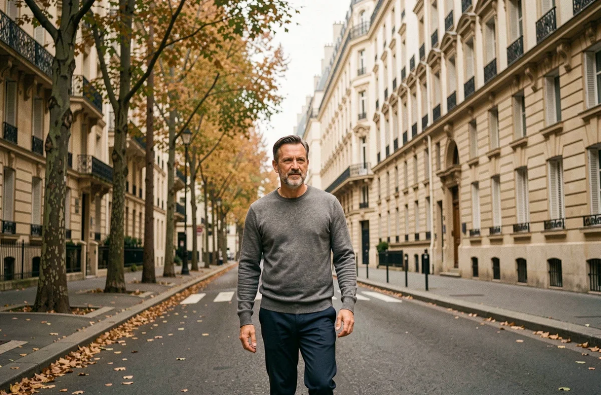 Personnalité médiatique française en promenade dans un quartier résidentiel parisien en automne
