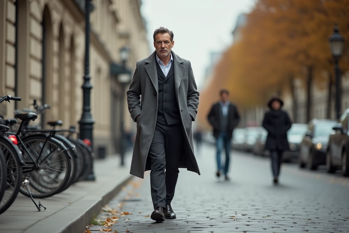 Homme marchant dans une rue parisienne sous le regard discret d'un photographe de presse, illustrant les enjeux d'exposition médiatique et de respect de la vie privée