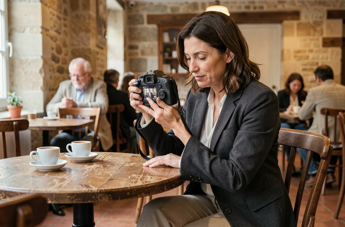 Photographe professionnelle révisant ses photos dans un café typique de Parthenay après une séance