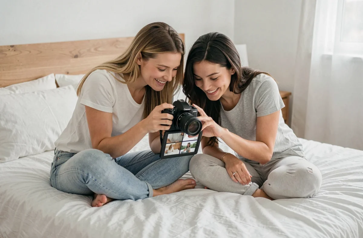 Photographe et cliente partageant un moment de confiance lors d'une séance photo intime