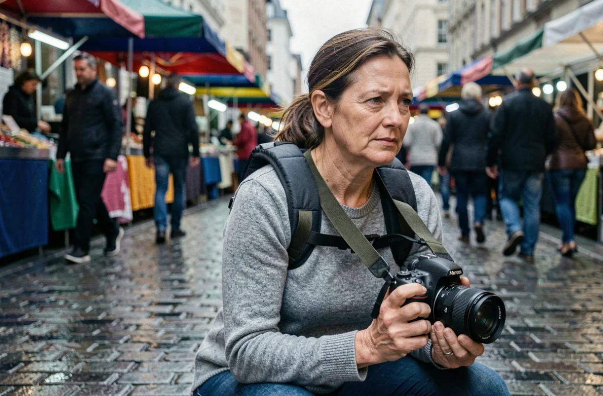 Photographe femme avec harnais mono-appareil dans un marché urbain, en position de prise de vue